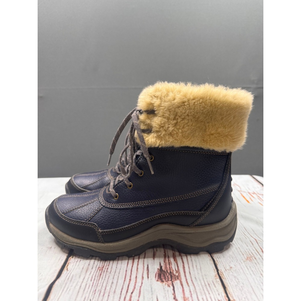 Clarks Winter Boots Women Navy Blue Leather‎ Faux Fur Trim Lace Up 8.5M